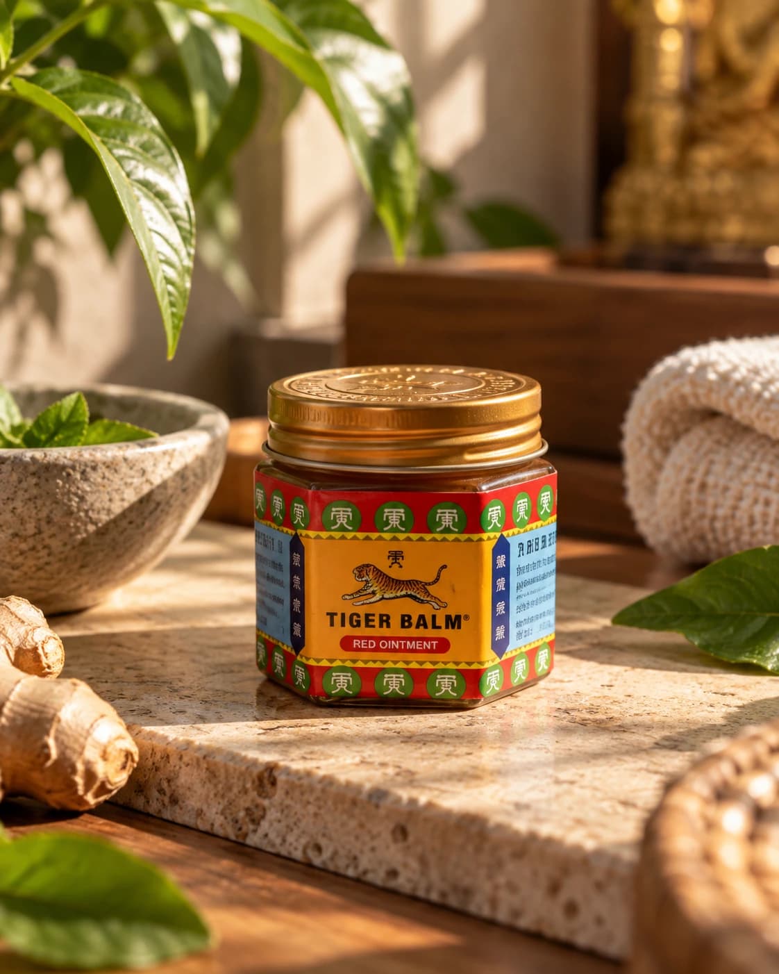 Červená tygří mast Tiger Balm na kamenné desce vedle zázvoru