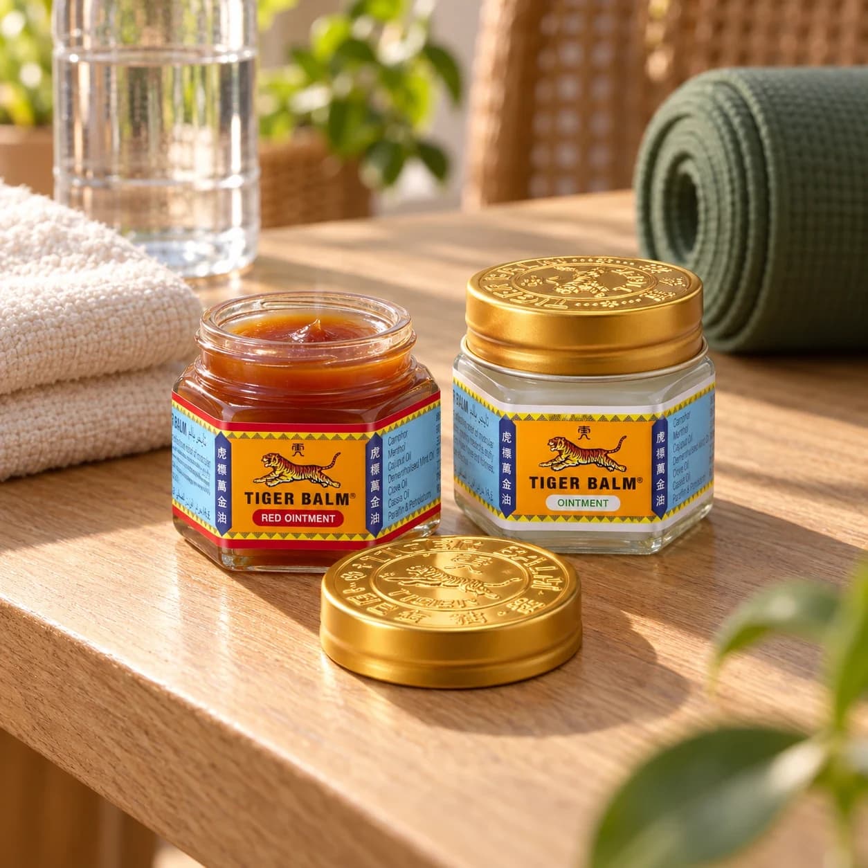 Otevřená červená a bílá tygří mast Tiger Balm na dřevěném stolku vedle složeného ručníku, láhve vody a podložky na jógu