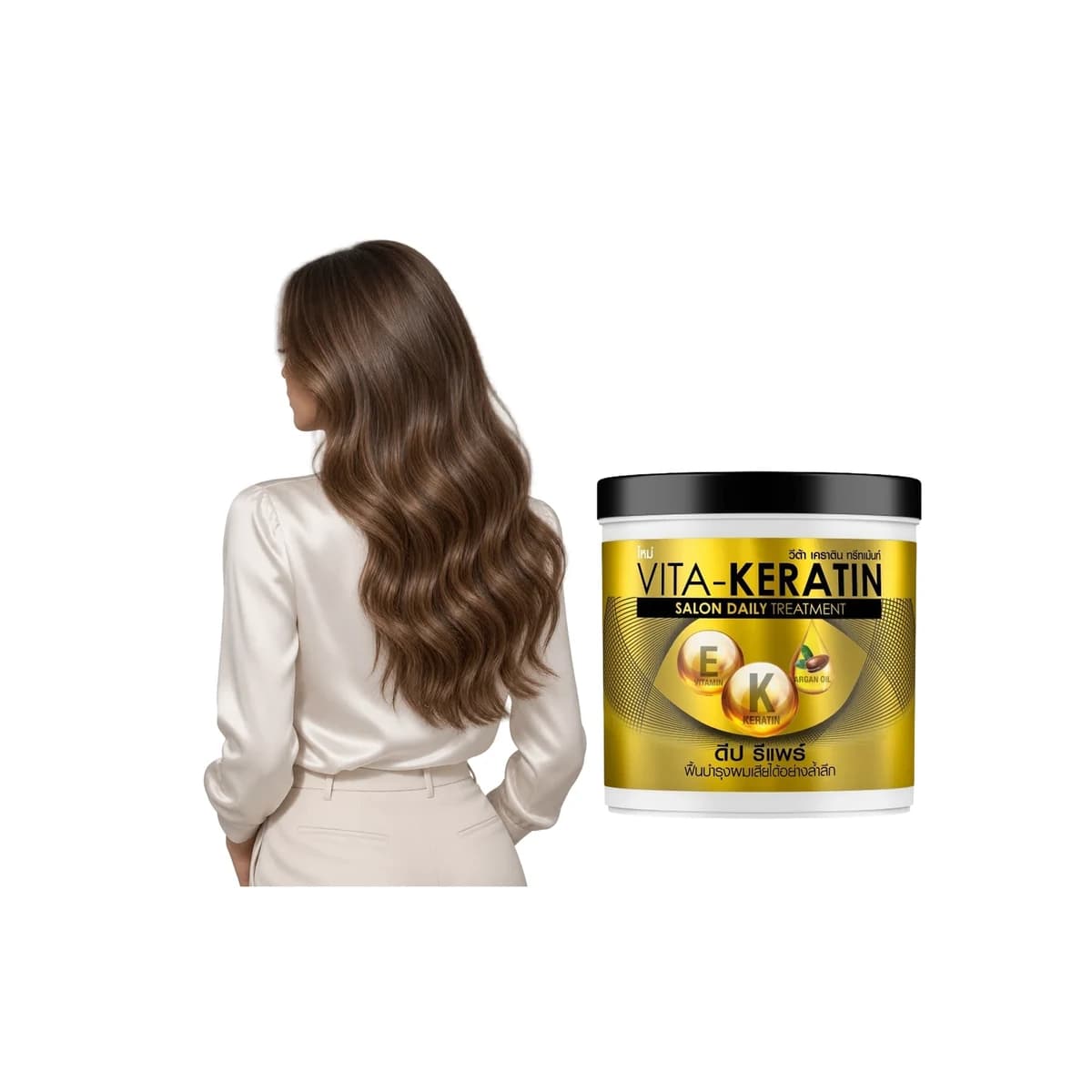 Žena s dlouhými vlnitými hnědými vlasy a zlatý kelímek masky Vita-Keratin Deep Repair